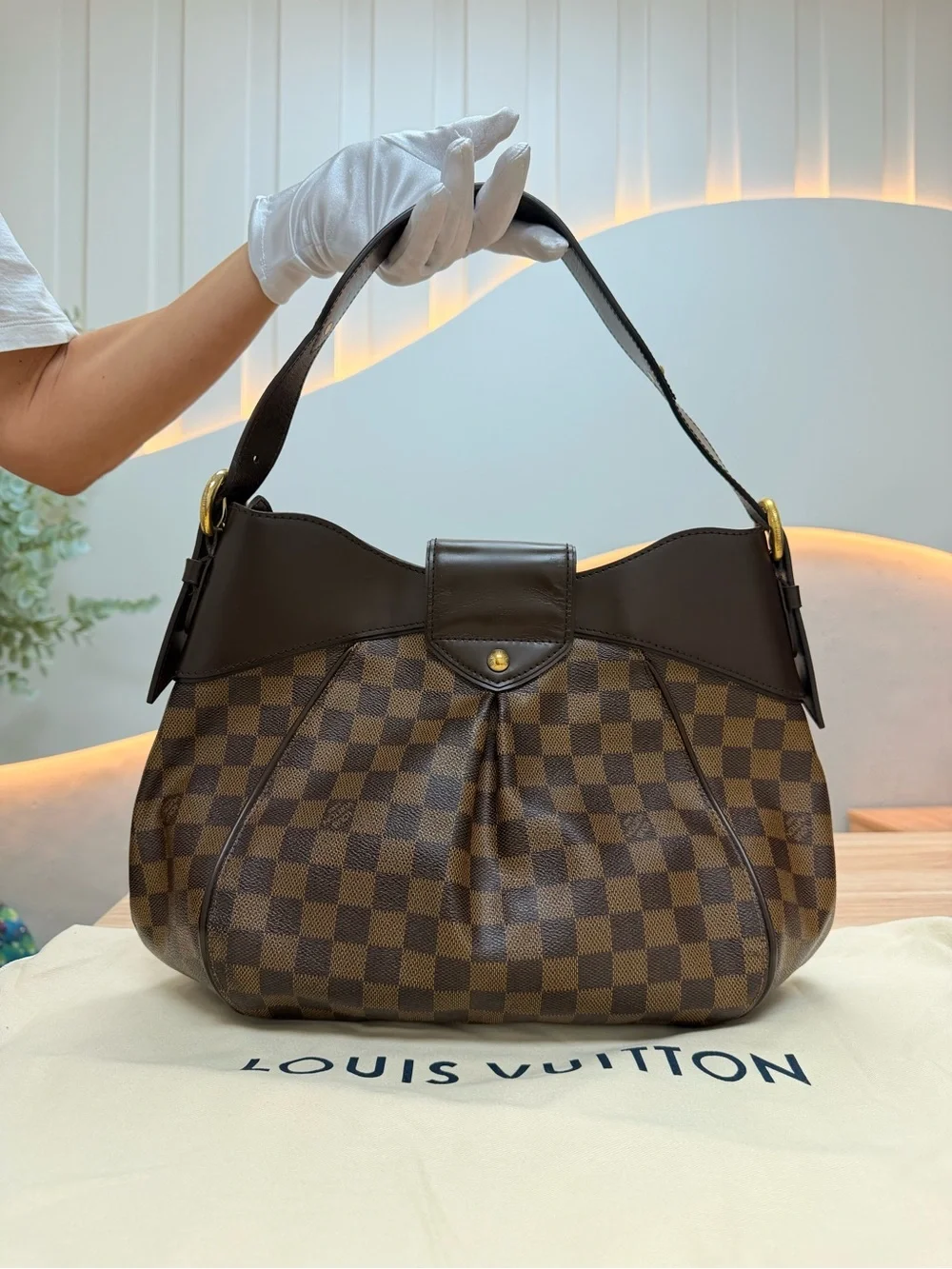 Louis Vuitton Damier Ebene Pleated Shoulder Bag with Dark Brown Trim